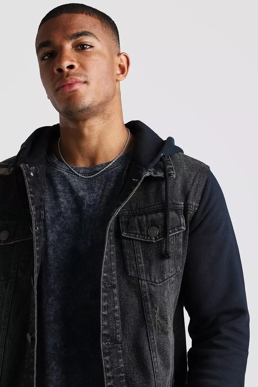 Distressed Denim Jacket With Jersey Hood boohooMAN UK